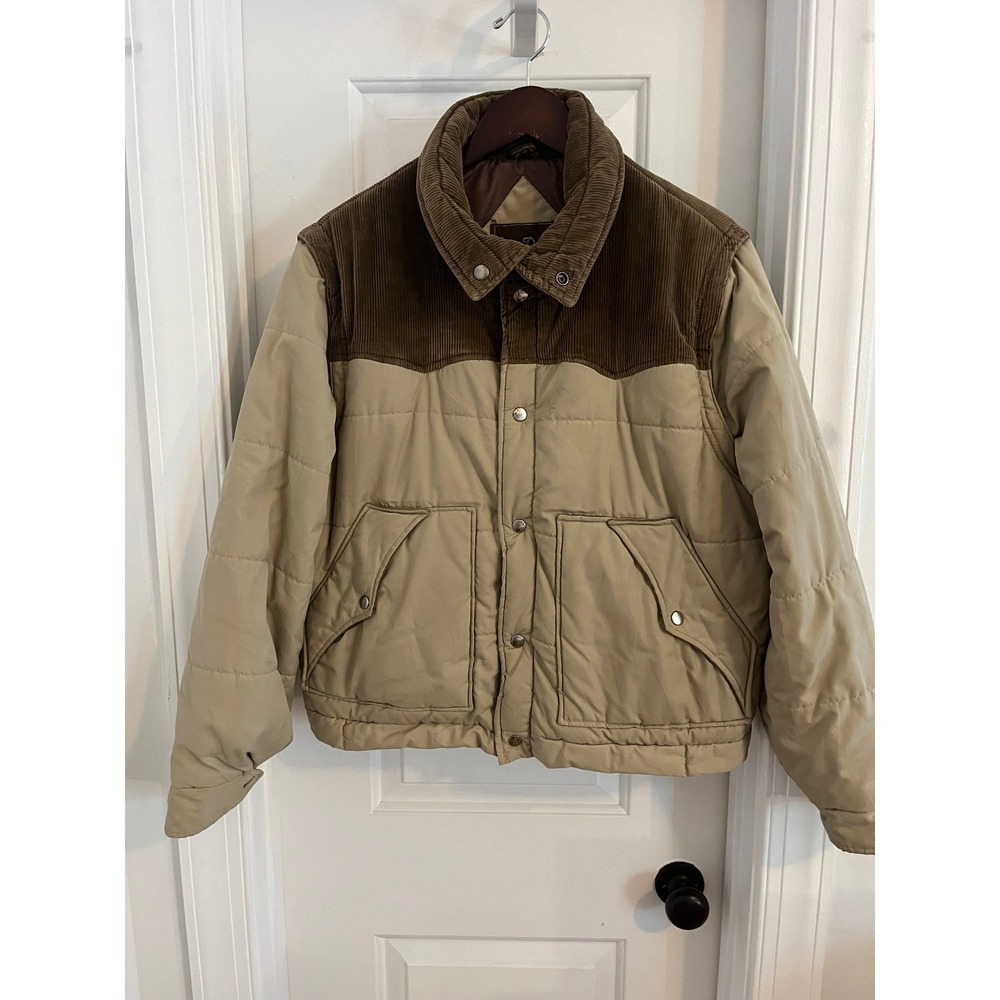 Vintage Barry Dolan Mens Tan Puffer Jacket Corduroy Yoke